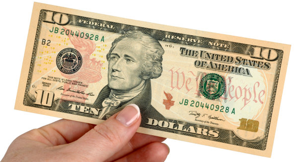 10 Dollar note, dollars, money, American banknotes. Image shot 04/2011. Exact date unknown.