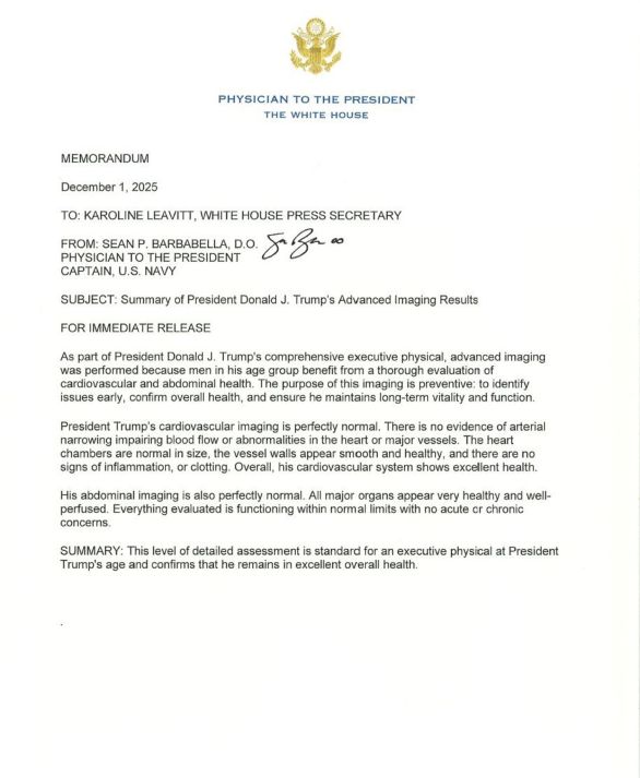 A letter regarding Trump's Nov, 25 MRI