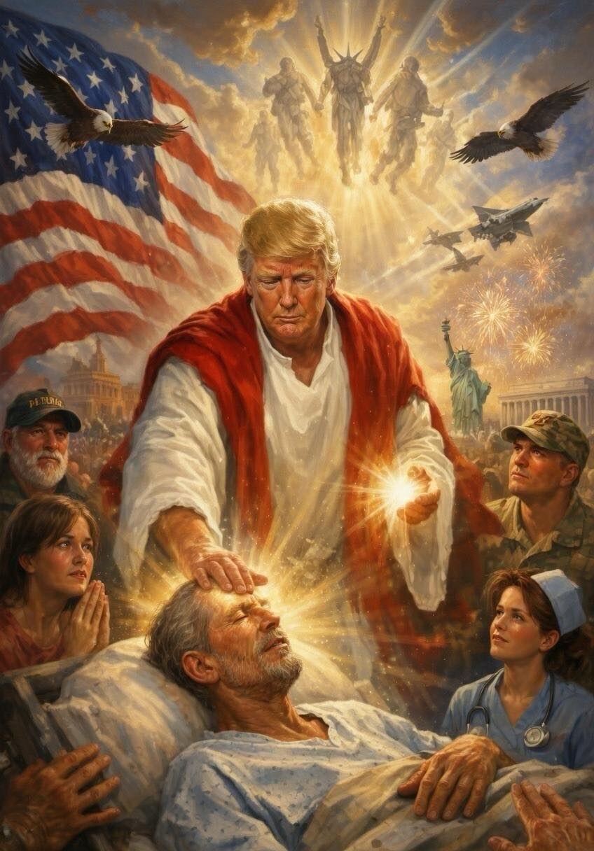 Trump portraying himself as Jesus, cause Trump is a piece of shit...